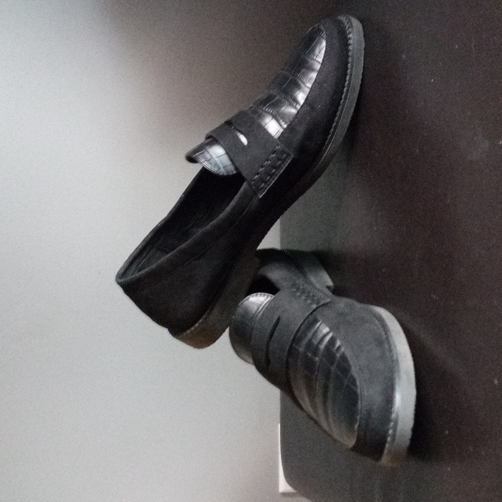 Modern Rush Black Faux Suede and Crocodile Leather Loafers